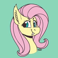 Size: 1802x1789 | Tagged: safe, artist:zahsart, fluttershy, bat pony, pony, g4, bat ponified, bust, fangs, flutterbat, green background, looking at you, portrait, race swap, simple background, smiling, solo