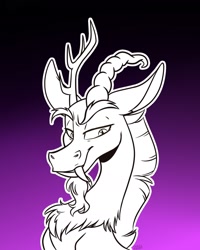 Size: 1440x1798 | Tagged: safe, artist:zahsart, discord, draconequus, g4, antlers, lidded eyes, male, outline, purple background, simple background, smiling, solo, white outline
