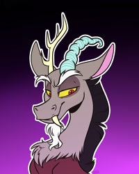 Size: 1440x1798 | Tagged: safe, artist:zahsart, discord, draconequus, g4, antlers, lidded eyes, male, outline, purple background, simple background, smiling, solo, white outline