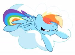 Size: 2529x1859 | Tagged: safe, artist:kindakismet, rainbow dash, pegasus, pony, g4, cloud, frown, lying down, lying on a cloud, on a cloud, one eye closed, simple background, solo, spread wings, white background, wings