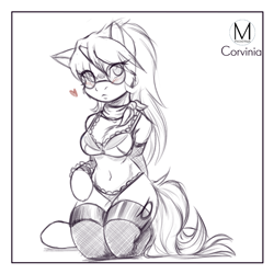 Size: 962x963 | Tagged: safe, artist:maximus, oc, oc only, oc:corvinia, unicorn, anthro, unguligrade anthro, anthro oc, arm hooves, belly button, bra, breasts, cleavage fluff, clothes, female, frown, glasses, heart, horn, kerchief, kneeling, looking at you, monochrome, panties, partial color, simple background, sketch, solo, stockings, thigh highs, underwear, unicorn oc, white background