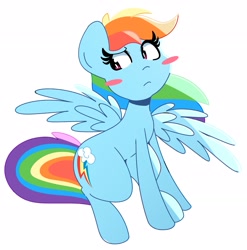 Size: 2449x2474 | Tagged: safe, artist:kindakismet, rainbow dash, pegasus, pony, g4, backwards cutie mark, blush sticker, blushing, cute, dashabetes, frown, high res, simple background, solo, spread wings, white background, wings