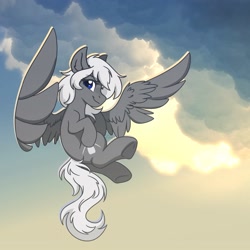 Size: 3000x3000 | Tagged: safe, artist:zahsart, oc, oc only, oc:silver bullet, pegasus, pony, cloud, flying, high res, looking at you, smiling, solo, spread wings, underhoof, wings
