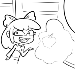 Size: 3300x3300 | Tagged: safe, artist:tjpones, apple bloom, human, g4, black and white, female, grayscale, high res, humanized, looking at you, monochrome, open mouth, open smile, pointing, smiling, solo, star trek