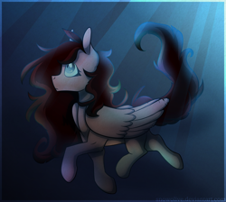 Size: 1900x1700 | Tagged: safe, artist:snowolive, oc, oc only, pegasus, pony, blue background, blue eyes, brown mane, crepuscular rays, feather, female, flowing mane, flowing tail, folded wings, ocean, simple background, solo, sunlight, swimming, tail, underwater, water, wings