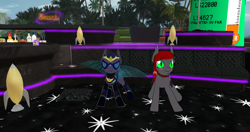 Size: 1920x1017 | Tagged: safe, oc, oc:icarus the lunar guard, bat pony, armor, bat wings, clothes, collar, costume, dancing, female, male, mare, second life, shadowbolts costume, slit pupils, stallion, wings