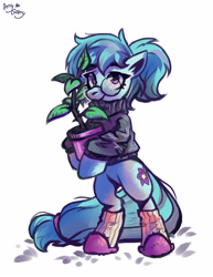 Size: 2316x3000 | Tagged: safe, artist:ami-gami, oc, oc only, oc:whispy slippers, earth pony, pony, bipedal, clothes, female, glasses, high res, looking at you, mare, potted plant, simple background, slippers, socks, solo, sweater, tree, white background