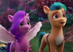 Size: 640x457 | Tagged: safe, screencap, hitch trailblazer, pipp petals, earth pony, pegasus, pony, g5, my little pony: a new generation, spoiler:my little pony: a new generation, anticipation, cropped, duo, female, male, mare, open mouth, spread wings, stallion, wings