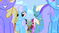 Size: 854x480 | Tagged: safe, screencap, berry punch, berryshine, bon bon, carrot top, cherry berry, golden harvest, lemon hearts, linky, orange blossom, parasol, prim posy, shoeshine, sweetie drops, earth pony, pony, a friend in deed, g4, season 2, animated, background pony, female, gif, greenie sky, mare, running, smile song, so much pony