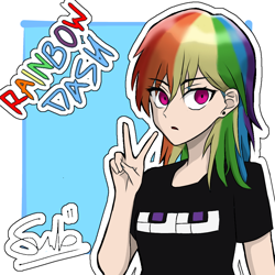 Size: 1000x1000 | Tagged: safe, artist:soarinbolt11, rainbow dash, human, g4, anime style, female, humanized, peace sign, solo