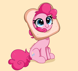 Size: 4854x4403 | Tagged: safe, artist:kittyrosie, pinkie pie, earth pony, pony, g4, absurd resolution, behaving like a cat, blushing, bread, cat breading, cute, diapinkes, female, food, mare, simple background, sitting, smiling, solo, tan background, weapons-grade cute, wide eyes