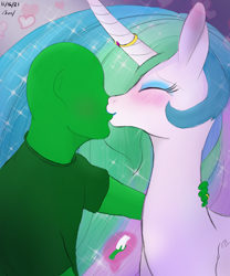 Size: 2500x3000 | Tagged: safe, artist:enonnnymous, princess celestia, oc, oc:anon, alicorn, human, pony, g4, /sun/, blue eyeshadow, blue lipstick, blushing, canon x oc, clothes, cute, cutelestia, duo, eyes closed, eyeshadow, female, heart, high res, holding hands, holding hooves, horn, horn ring, human male, human on pony action, implied marriage, interspecies, jewelry, kiss on the lips, kissing, love, makeup, male, mare, marriage, ring, romantic, straight, sweater, waifu, wedding