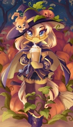 Size: 2352x4096 | Tagged: safe, artist:saxopi, oc, oc only, oc:coffee creme, cat, semi-anthro, arm hooves, boots, cape, clothes, commission, detached sleeves, drink, glasses, halloween, hat, holiday, not mareota, pumpkin, shoes, skirt, solo, stockings, thigh highs, witch hat, ych result