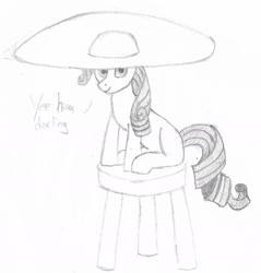 Size: 1454x1523 | Tagged: safe, artist:sapphie, rarity, pony, unicorn, g4, comically large hat, dialogue, female, hat, looking at you, monochrome, ponybooru import, sitting, solo, stool, traditional art