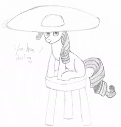 Size: 1454x1523 | Tagged: safe, artist:sapphie, rarity, pony, unicorn, g4, dialogue, female, hat, looking at you, monochrome, ponybooru import, sitting, solo, stool, traditional art