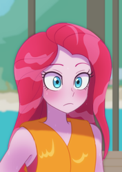 Size: 2894x4093 | Tagged: safe, artist:haibaratomoe, pinkie pie, equestria girls, g4, my little pony equestria girls: better together, the salty sails, basket, clothes, female, hat, lifejacket, redraw, scene interpretation, solo, swimsuit, wet, wet hair