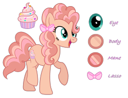 Size: 1542x1188 | Tagged: safe, artist:dawnheartyt, oc, earth pony, pony, base used, bow, cupcake, eyelashes, female, food, hair bow, mare, offspring, parent:cheese sandwich, parent:pinkie pie, parents:cheesepie, raised hoof, reference sheet, simple background, transparent background