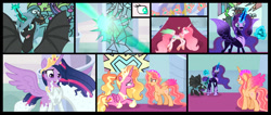 Size: 1280x545 | Tagged: safe, artist:dawnheartyt, luster dawn, twilight sparkle, oc, alicorn, bat pony, bat pony alicorn, pony, g4, the last problem, alicorn oc, alicornified, base used, bat wings, bell, comic, ethereal mane, female, glowing, glowing horn, grogar's bell, helmet, hoof shoes, horn, indoors, jewelry, magic, mare, nightmarified, older, older twilight, older twilight sparkle (alicorn), petrification, peytral, princess twilight 2.0, race swap, starry mane, story included, telekinesis, tiara, twilight sparkle (alicorn), wide eyes, wings
