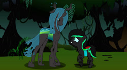 Size: 1280x707 | Tagged: safe, artist:cobaltstaryt, queen chrysalis, oc, changeling, changeling queen, pony, g4, base used, duo, female, frown, outdoors, parent:queen chrysalis, scared, swamp