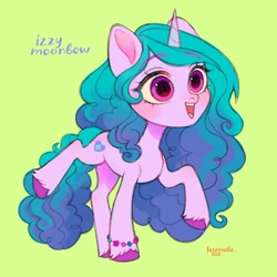 Size: 1080x1081 | Tagged: safe, artist:fezervelle, izzy moonbow, pony, unicorn, g5, my little pony: a new generation, backwards cutie mark, chibi, cute, izzybetes, simple background, solo