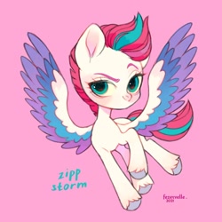 Size: 1080x1081 | Tagged: safe, artist:fezervelle, zipp storm, pegasus, pony, g5, my little pony: a new generation, adorazipp, chibi, colored wings, cute, dreamworks face, female, looking at you, mare, multicolored wings, pink background, signature, simple background, smiling, smiling at you, solo, spread wings, wings