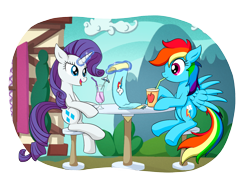 Size: 1865x1409 | Tagged: safe, artist:reconprobe, rainbow dash, rarity, pegasus, pony, unicorn, g4, clothes, drinking, duo, scarf