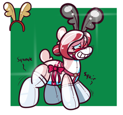 Size: 2094x1956 | Tagged: safe, artist:tranzmuteproductions, oc, oc only, deer, pony, reindeer, antlers, blushing, bow, bridle, forced smile, green background, grin, harness, inanimate tf, inflatable, latex, living inflatable, reindeerified, simple background, smiling, species swap, squeak, sweat, sweatdrops, tack, transformation, wobbling