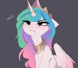 Size: 3309x2894 | Tagged: safe, artist:magnaluna, princess celestia, alicorn, pony, :i, angry, celestia is not amused, chest fluff, cute, cutelestia, feathered wings, frown, gray background, grumpy, high res, madorable, pouting, princess necklestia, puffy cheeks, simple background, solo, spread wings, unamused, wings