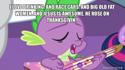 Size: 800x450 | Tagged: safe, edit, edited screencap, screencap, rarity, spike, twilight sparkle, alicorn, dragon, pony, g4, my little pony best gift ever, american dad, caption, guitar, image macro, male, musical instrument, text, twilight sparkle (alicorn), winged spike, wings