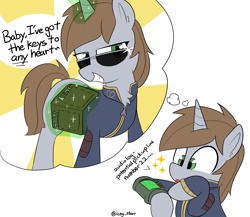 Size: 2461x2133 | Tagged: safe, artist:icey, oc, oc only, oc:littlepip, pony, unicorn, fallout equestria, cute, dialogue, eyes open, female, green eyes, high res, lockpick, mare, ocbetes, pickup lines, pipabetes, pipbuck, simple background, solo, thought bubble, white background