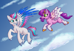 Size: 1280x884 | Tagged: safe, artist:sallindaemon, pipp petals, zipp storm, pegasus, pony, g5, my little pony: a new generation, colored wings, duo, female, multicolored wings, siblings, sisters, wings