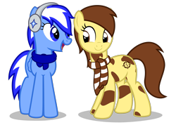 Size: 4000x2850 | Tagged: safe, artist:strategypony, oc, oc only, oc:sandy sweet, oc:sirius, earth pony, pegasus, pony, clothes, duo, duo female, earmuffs, female, looking at each other, mottled coat, scarf, simple background, striped scarf, tail, transparent background, two toned mane, two toned tail