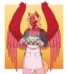 Size: 3231x3500 | Tagged: safe, artist:hasana-chan, oc, oc only, oc:sugar buns, pegasus, anthro, unguligrade anthro, anthro oc, apron, clothes, commission, cookie, digital art, female, food, gift art, high res, mittens, pegasus oc, smiling, solo, tray
