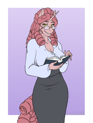 Size: 2400x3200 | Tagged: safe, artist:hasana-chan, oc, oc only, oc:candlewick, unicorn, anthro, unguligrade anthro, anthro oc, blouse, book, breasts, cleavage, clothes, commission, digital art, female, freckles, gift art, glasses, high res, horn, librarian, shirt, smiling, unicorn oc