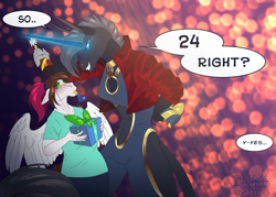 Size: 1200x859 | Tagged: safe, artist:sunny way, oc, oc only, oc:sunny way, horse, pegasus, unicorn, anthro, alacorna, anthro horse, big, birthday, cute, duo, equine, female, glowing, happy, happy birthday, hat, horn, lesbian, mare, party hat, present, size difference, small, sweet, wings
