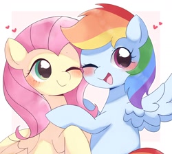 Size: 1866x1669 | Tagged: dead source, safe, artist:ginmaruxx, fluttershy, rainbow dash, pegasus, pony, blushing, bust, cute, dashabetes, duo, female, flutterdash, folded wings, heart, hug, lesbian, looking at you, mare, one eye closed, open mouth, open smile, shipping, shyabetes, simple background, smiling, spread wings, white background, wings