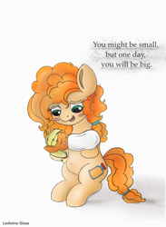 Size: 1383x1888 | Tagged: safe, artist:ledwine glass, edit, applejack, pear butter, pony, g4, baby, baby pony, belly, belly button, blanket, blushing, carrying, cute, cutie mark, hair, jackabetes, messy mane, pearabetes, standing, standing on two hooves, standing up, text