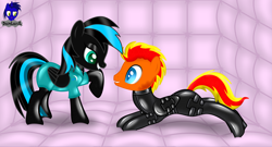 Size: 7680x4154 | Tagged: safe, artist:damlanil, oc, oc:fireheart(fire), oc:nightlight aura, bat pony, hybrid, pegabat, pegasus, pony, bondage, bound wings, catsuit, clothes, collar, commission, duo, female, gimp suit, grin, happy, high heels, latex, latex suit, looking at each other, lying down, male, malesub, mare, padded cell, prone, rubber, shiny, shiny mane, shoes, show accurate, smiling, stallion, story, submissive, suit, vector, wings