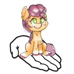Size: 641x641 | Tagged: safe, artist:lightisanasshole, sunny starscout, earth pony, pony, g5, my little pony: a new generation, adorable face, blushing, chest fluff, chibi, colored hooves, cute, disembodied hand, ear fluff, female, hand, hoof fluff, it's dangerous to go alone, looking up, neck fluff, simple background, sitting, sitting on person, smiling, sunnybetes, tiny, tiny ponies, traditional art, transparent background, watercolor painting