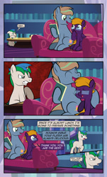 Size: 1920x3169 | Tagged: safe, artist:alexdti, oc, oc only, oc:brainstorm (alexdti), oc:purple creativity, oc:star logic, pegasus, pony, unicorn, comic:quest for friendship, ^^, angry, blue eyes, book, bookshelf, comic, couch, eye contact, eyes closed, female, floppy ears, folded wings, glasses, green eyes, gritted teeth, happy, hoof hold, hoof over mouth, horn, jealous, looking at each other, male, mare, open mouth, open smile, pegasus oc, sad, shadow, sitting, smiling, speech bubble, stallion, tail, thought bubble, twilight's castle, two toned mane, two toned tail, unicorn oc, walking, wings