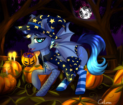 Size: 3226x2760 | Tagged: safe, artist:cali luminos, oc, oc only, oc:dusk cello, bat pony, pony, candle, cape, clothes, costume, fangs, fence, halloween, hat, high res, holiday, jack-o-lantern, male, moon, mouth hold, night, pumpkin, pumpkin bucket, socks, solo, striped socks, tree, witch hat
