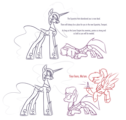 Size: 2441x2325 | Tagged: safe, artist:moonatik, nightmare moon, tempest shadow, oc, oc:moonatik, alicorn, pegasus, pony, unicorn, new lunar millennium, g4, 2 panel comic, alternate timeline, bowing, comic, concave belly, dialogue, ethereal mane, ethereal tail, female, flying, hair bun, height difference, helmet, high res, hoof shoes, horn, kneeling, long legs, long mane, long tail, male, mare, nightmare takeover timeline, peytral, princess shoes, prosthetic horn, prosthetics, sketch, slender, stallion, tail, tall, tempest gets her horn back, thin
