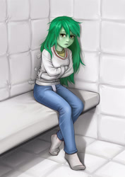 Size: 1130x1600 | Tagged: safe, artist:vyazinrei, wallflower blush, human, equestria girls, g4, asylum, bed, bondage, clothes, female, freckles, insane asylum, institutionalized, messy hair, missing shoes, nervous, padded cell, pants, sad, sitting, socks, solo, stocking feet, story in the comments, straitjacket, wallflower gets what's coming to her, wallflowersub