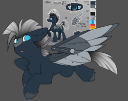 Size: 2848x2243 | Tagged: safe, artist:beardie, oc, oc only, oc:platinum shadow, pegasus, pony, amputee, artificial wings, augmented, digital art, floppy ears, high res, prosthetic limb, prosthetic wing, prosthetics, reference sheet, wings
