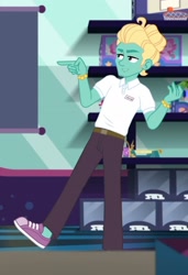Size: 1315x1920 | Tagged: safe, screencap, zephyr breeze, dashing through the mall, equestria girls, equestria girls series, g4, holidays unwrapped, spoiler:eqg series (season 2), ankles, clothes, cropped, male, no socks, pants, shoes, smiling, solo