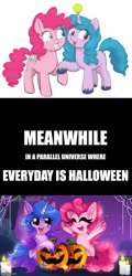 Size: 500x1046 | Tagged: safe, artist:darkjillmlp123, artist:heretichesh, color edit, edit, editor:professorventurer, izzy moonbow, pinkie pie, earth pony, pony, unicorn, series:meanwhile, g4, g5, my little pony: a new generation, ball, blushing, colored, cute, diapinkes, duo, duo female, female, friendship, g4 to g5, halloween, happy, holding hooves, holiday, horn, horn guard, horn impalement, hornball, izzy and her heroine, izzy's tennis ball, izzybetes, jack-o-lantern, mare, meanwhile, open mouth, pumpkin, raised hoof, smiling, tennis ball, tomska, unshorn fetlocks