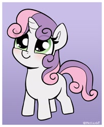 Size: 1158x1422 | Tagged: safe, artist:heretichesh, sweetie belle, pony, unicorn, g4, blank flank, blushing, cute, daaaaaaaaaaaw, diasweetes, eye clipping through hair, female, filly, gradient background, smiling, solo, weapons-grade cute