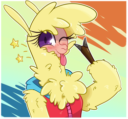 Size: 2270x2105 | Tagged: safe, artist:hitsuji, paprika (tfh), alpaca, anthro, them's fightin' herds, clothes, cloven hooves, community related, high res, jacket, looking at you, solo, stars, style emulation, tongue out