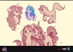 Size: 4096x2896 | Tagged: safe, artist:imalou, izzy moonbow, sunny starscout, earth pony, pony, unicorn, g5, my little pony: a new generation, behind the scenes, bust, cheek squish, cheek to cheek, chibi, concept art, cute, duo, female, floppy ears, hasbro logo, mare, multeity, my little pony: a new generation logo, one ear down, open mouth, raised hoof, simple background, smiling, squishy cheeks, white background