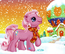 Size: 1945x1603 | Tagged: safe, artist:carlo loraso, pinkie pie (g3), earth pony, pony, g3, official, book:holiday talent show, christmas, clothes, cropped, female, holiday, scan, scarf, snow, snowfall, solo, winter